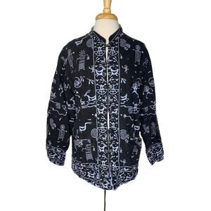 PRIMITIVE ARTS Reversible Art-To-Wear Tribal Print Jacket Size Large Black Blue